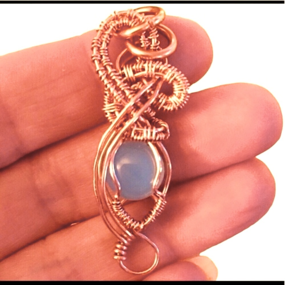 Handmade Chalcedony Stone Columbian Blue Artesian Wired Wrapped Copper Pendant
